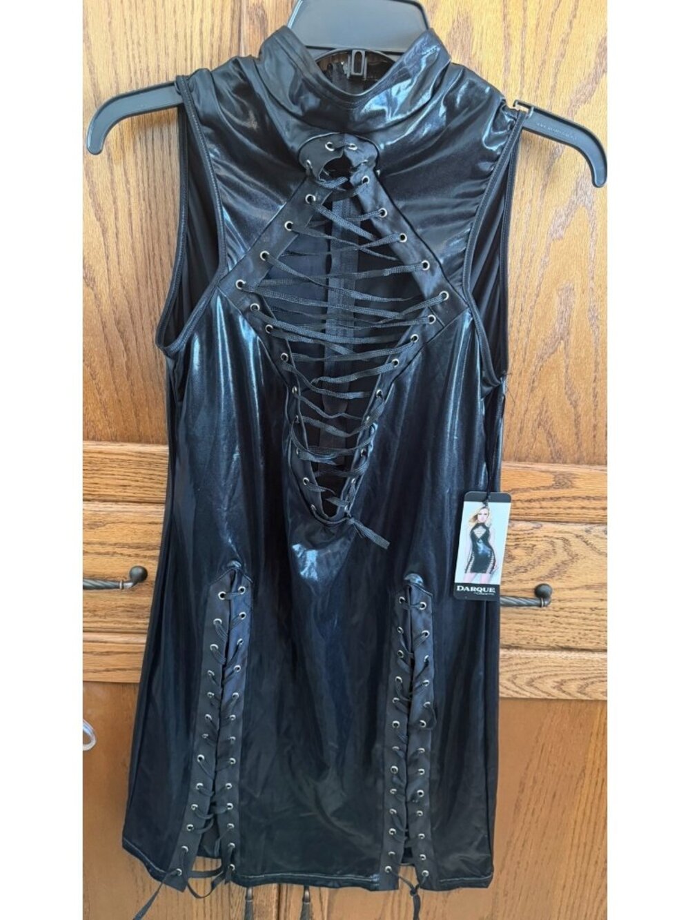 Darque Black Wet Look Lace-Up Mini Dress With High Neck & Sleeveless Design For